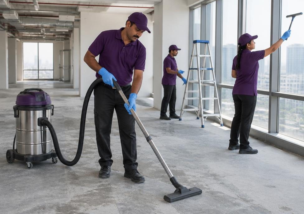 Cleaning crew vacuuming dust and cleaning windows in a newly built commercial space