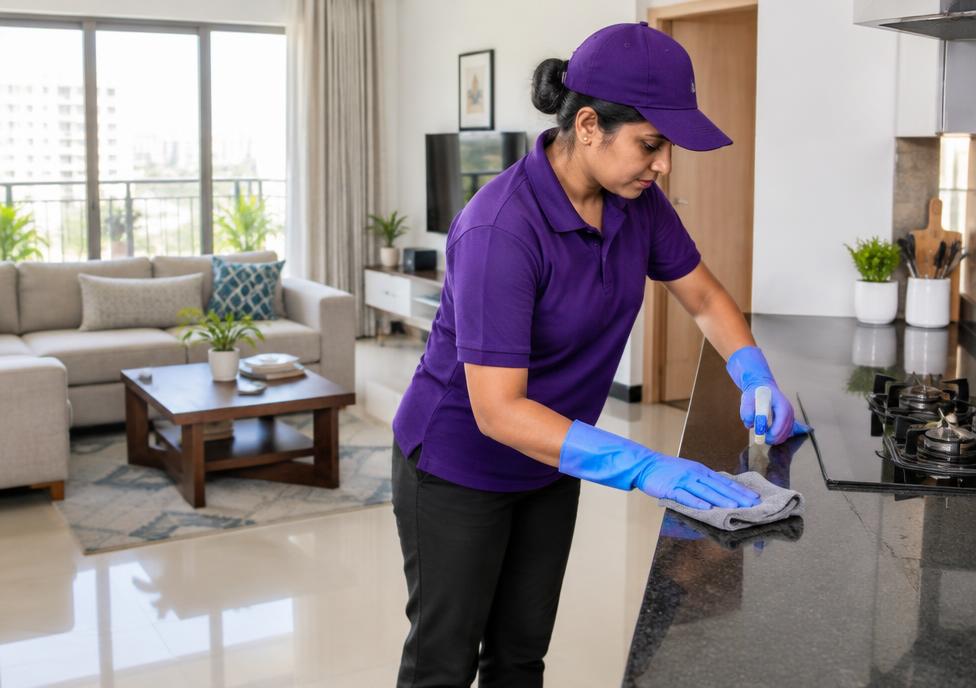 Cleaning professional wiping a coffee table during a home deep cleaning service