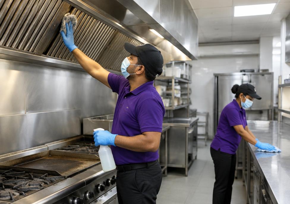 Staff member degreasing stainless steel surfaces in a commercial restaurant kitchen