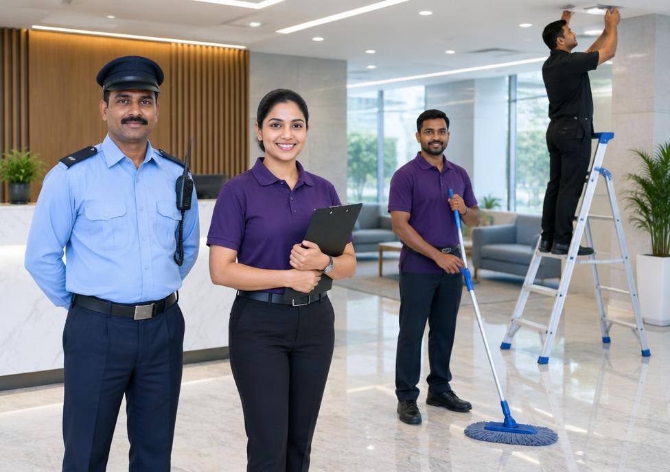 Security guard, housekeeping staff member and technician standing together in a building lobby