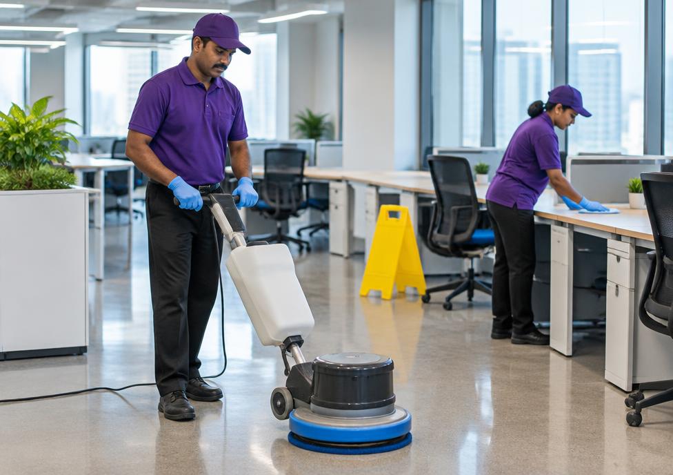 Cleaner sanitising office workstations in an open-plan corporate office