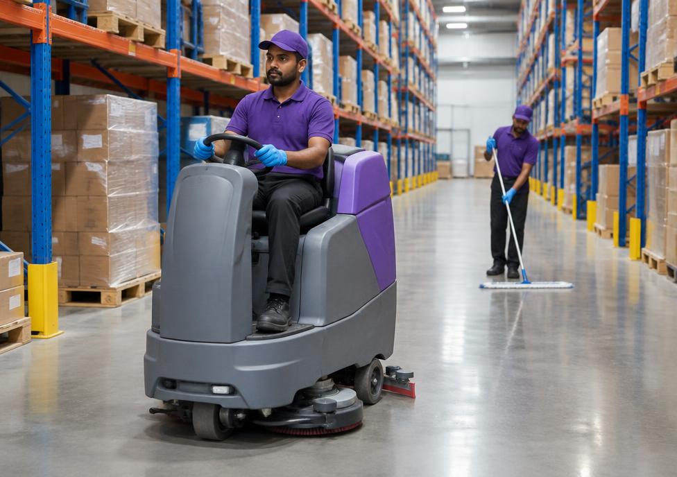 Operator using a ride-on floor scrubber in a large warehouse aisle